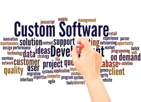 Custom Software Development word cloud hand writing concept Stock Photos