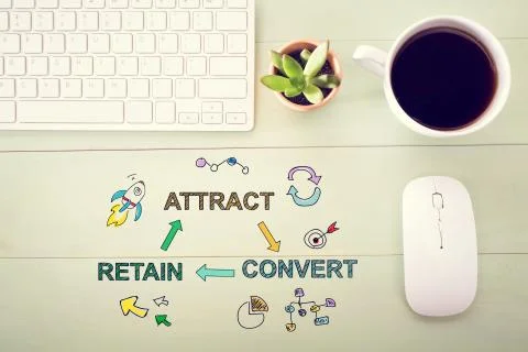 Customer Acquision concept with workstation Stock Photos