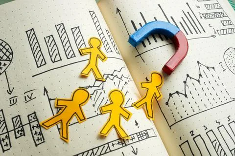 Customer acquisition cost with human figures and analytics charts. Stock Photos