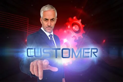 Customer against shiny red cogs on black background Stock Illustration