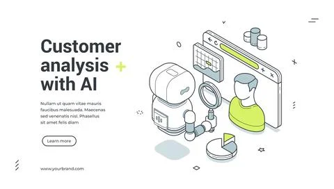 Customer analysis with AI isometric banner. Robot for user behavior research  Stock Illustration