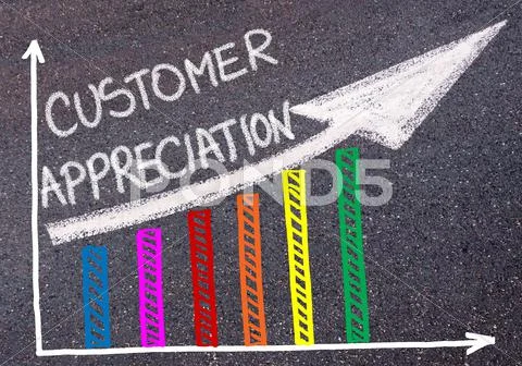 CUSTOMER APPRECIATION written over colorful graph and rising arrow Stock Photos