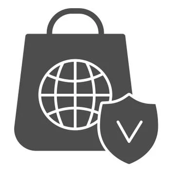 Customer bag with globe solid icon, global logistics service symbol, Shopping Illustrazione stock