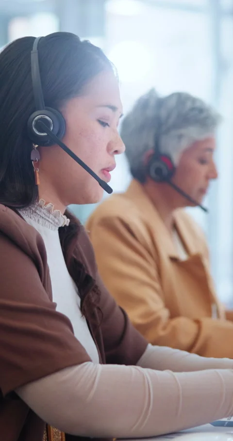 Customer care, help desk and woman in call center, talking or feedback for Stock Footage 341392041