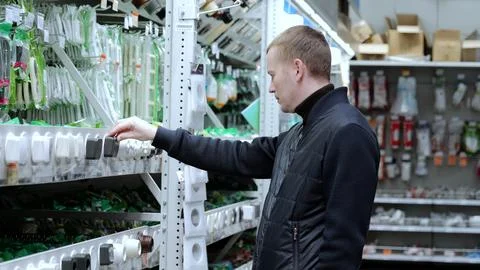 Customer carefully compares different electrical socket models at a hardware Stock Photos