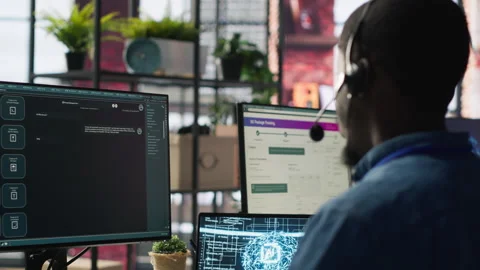 Customer center expert uses AI assistant to generate technical solutions Stock Footage 305399369