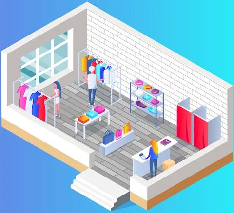Customer choosing clothes in store. Shop assistant helps buyer to choose product Stock Illustration