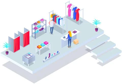 Customer choosing clothes in store. Shop assistant helps buyer to choose product Stock Illustration