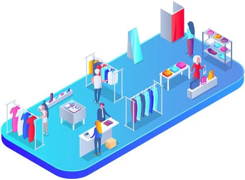 Customer choosing clothes in store. Shop assistant helps buyer to choose product Stock Illustration