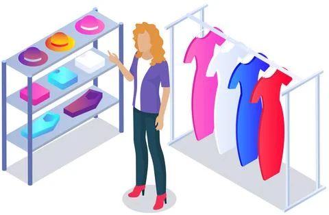 Customer choosing clothes in store. Shop assistant helps buyer to choose product Stock Illustration