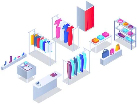 Customer choosing clothes in store. Shop assistant helps buyer to choose product Stock Illustration
