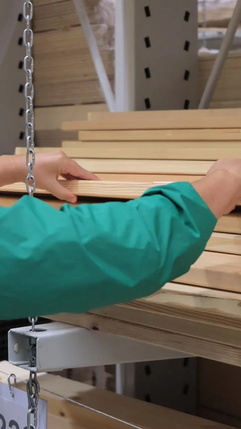 Customer choosing construction lumber boards in hardware store for renovation Stock Footage 316950799
