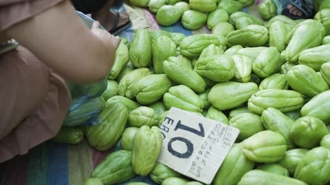 Customer Choosing Fresh Chayote and Putting It in Plastic Bag at Market Stock Footage 341646101