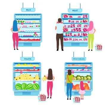 Customer choosing products flat vector illustrations set Stock Illustration