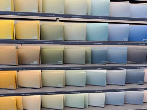 Customer comparing paint colors inside hardware store. Stock Photos