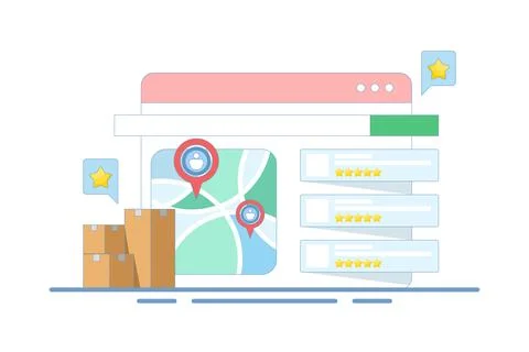 Customer Concept sharing feedback and reviews for search engine business listing Stock Illustration