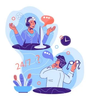 Customer contacts online support centre with a friendly operator vector Stock Illustration