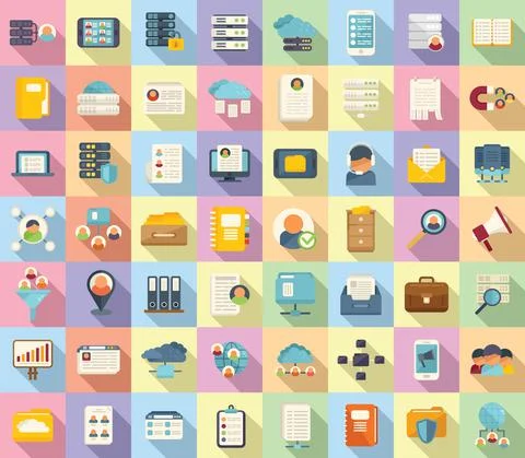 Customer database icons set flat vector. Company advertising Stock Illustration