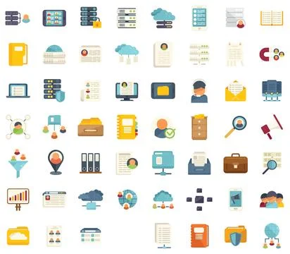 Customer database icons set flat vector. Company advertising Ilustración de archivo