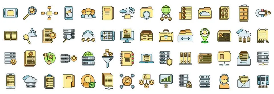 Customer database icons set vector color line Stock Illustration
