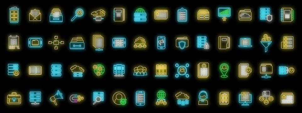 Customer database icons set vector neon Stock Illustration