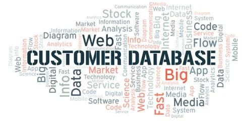 Customer Database vector word cloud, made with text only. Stock Illustration