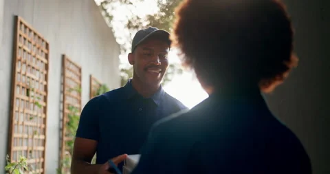 Customer, delivery man and pizza box with smile for fast food, takeout and Stock Footage 337541612