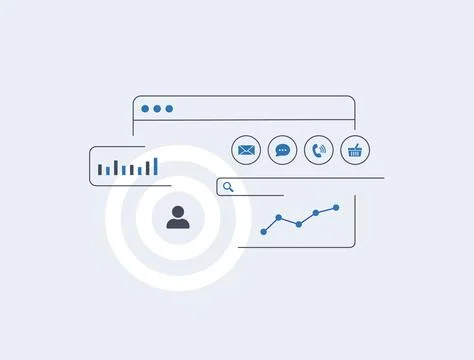 Customer engagement analytics dashboard - targeted user icons with line graphs Stock Illustration