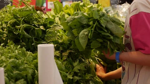 A customer examines fresh leafy greens displayed in an organized produce section Video stock 312337786