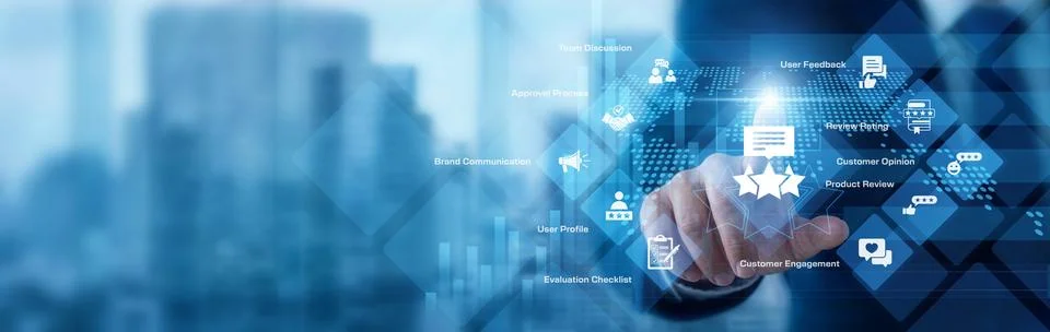 Customer experience expert analyzing digital data pointing hand at Feedback.. Stock Photos