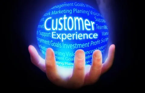 Customer Experience globe in hand blue,concept background business isolated Stock Illustration