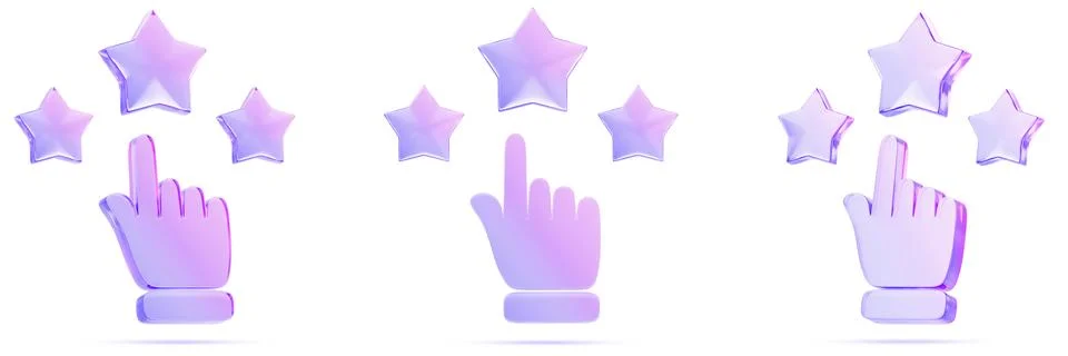 Customer feedback 3d render icon set. Glass holographic hand and crystal stars Illustrazione stock