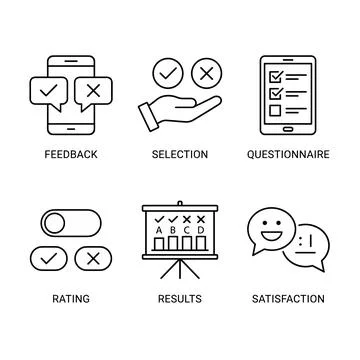 Customer feedback and satisfaction icons set: mobile phone with messages, h.. Illustrazione stock