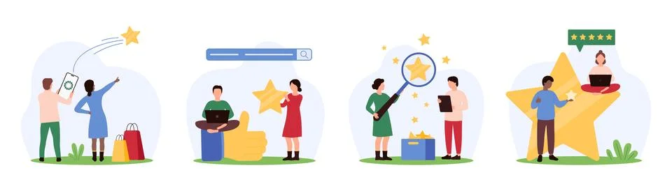 Customer feedback, assessment and analysis of positive reviews set by tiny Illustrazione stock