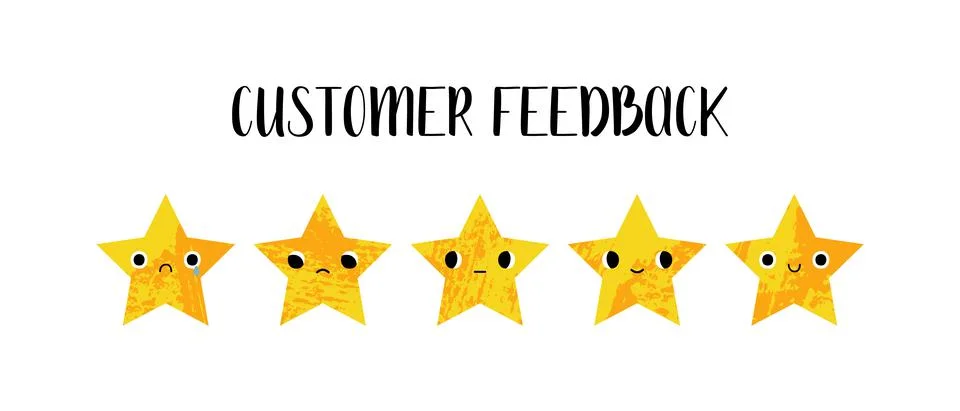 Customer feedback. Client satisfaction assessment. Cute kawaii star character Stock Illustration
