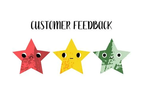 Customer feedback. Client satisfaction assessment. Cute kawaii star character Stock Illustration