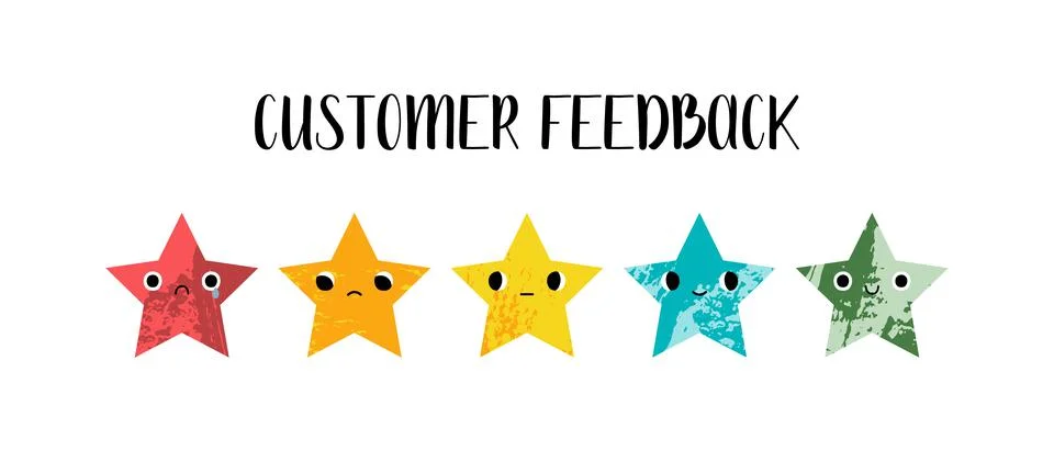 Customer feedback. Client satisfaction assessment. Cute kawaii star character Stock Illustration