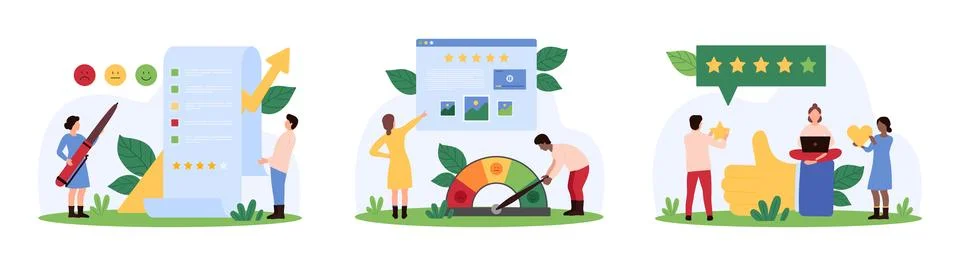 Customer feedback, clients choice set, tiny people vote for good quality in Ilustração Stock