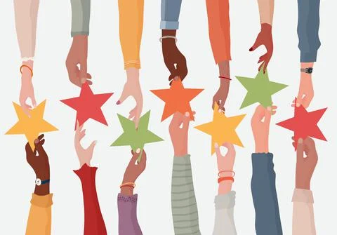 Customer feedback concept. Hand giving a star to another hand. Rating concept. Illustrazione stock