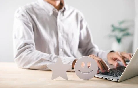 Customer feedback concept shows positive satisfaction, business person prov.. Stock Photos