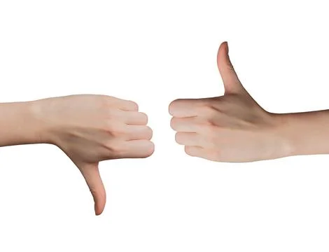 Customer feedback evaluation, thumbs up, thumbs down gestures. Approval and Foto stock