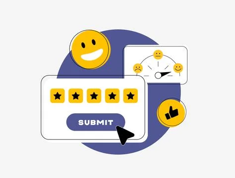 Customer feedback with five-star rating, smiley face, satisfaction meter and Stock Illustration