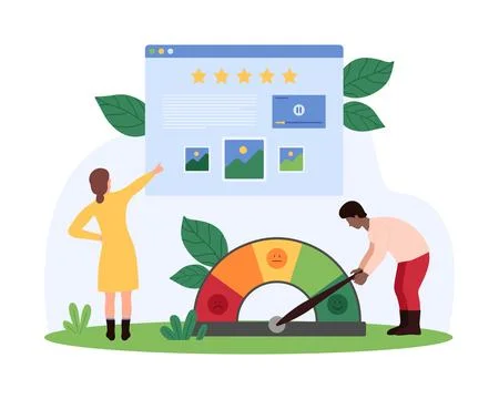 Customer feedback improvement from bad to good, reputation management of tiny Illustrazione stock