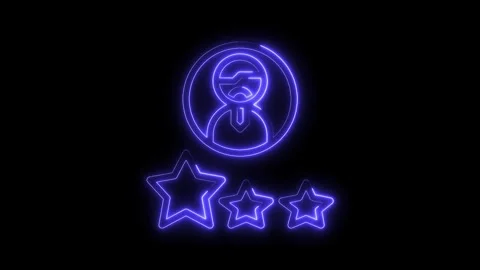 Customer feedback in neon style with rating stars and abstract portrait on black Stock Footage 322972398