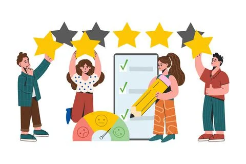 Customer feedback with questionnaire, starts and emotions scale Stock Illustration