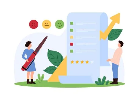 Customer feedback, report of clients satisfaction survey, tiny people check Illustration