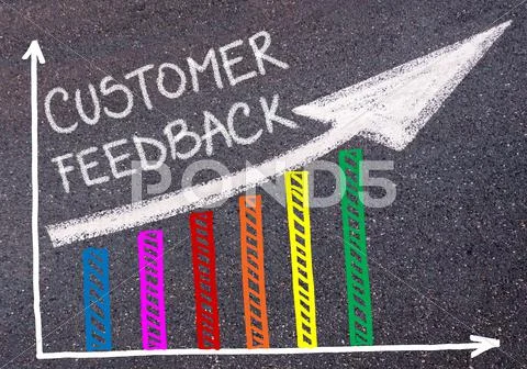 CUSTOMER FEEDBACK written over colorful graph and rising arrow Stock Photos