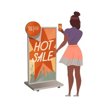 Customer girl scanning QR code st store. Girl using contactless payment for Illustrazione stock