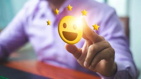 Customer hand review feedback five star rating service or product quality p.. Stock Photos