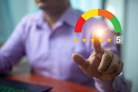 Customer hand review feedback five star rating service or product quality p.. Stock Photos